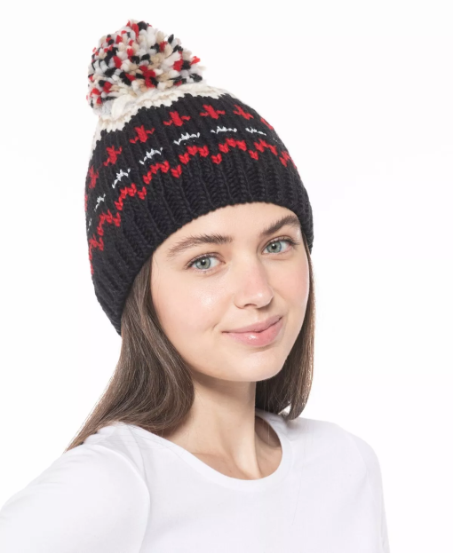 Jenni Fair Isle Pom Beanie - Black, OSFA - Women's Winter Hat