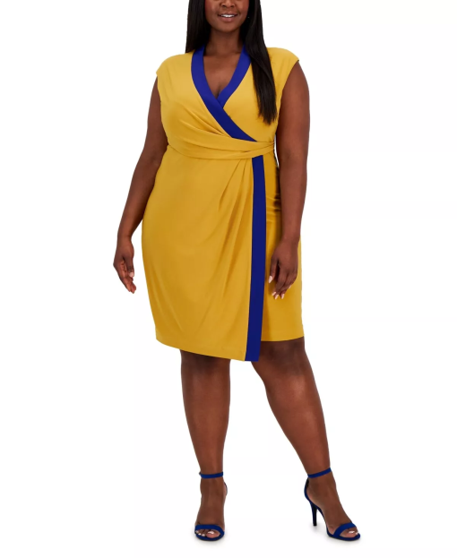 Kasper Plus Mustard Blue Wrap Dress 3X - Plus Size Dresses