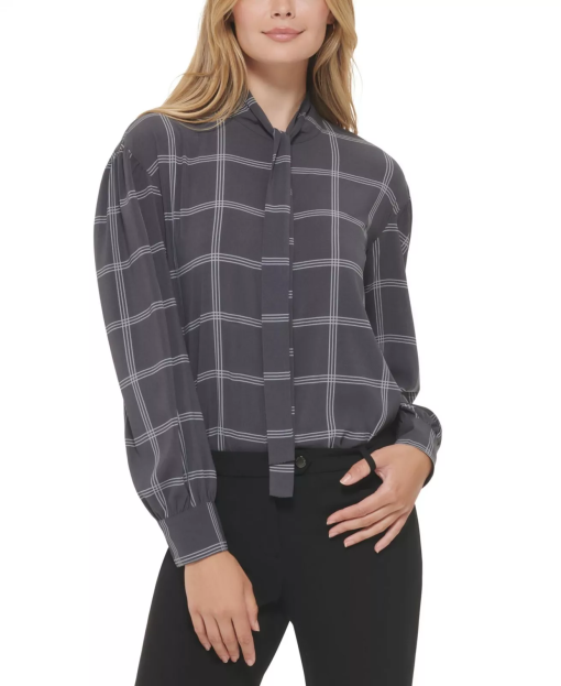 Calvin Klein Plus Size Charcoal Plaid Blouse - Women's Top 2X