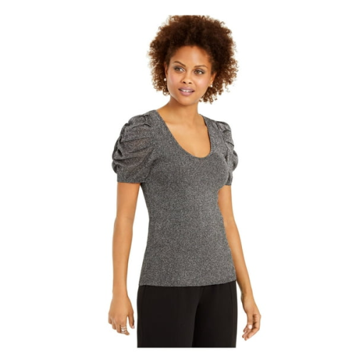 INC Silver Shimmer Top - Short Sleeve - Scoop Neck - S - Women's Blouse