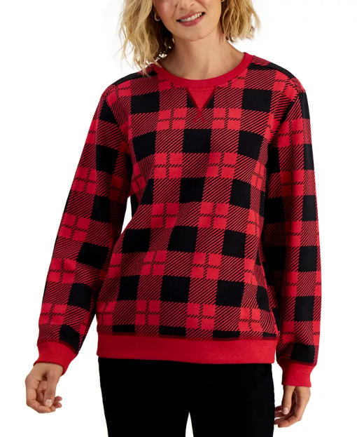 Karen Scott Plus Red Plaid Sweatshirt - Plus Size Pullover