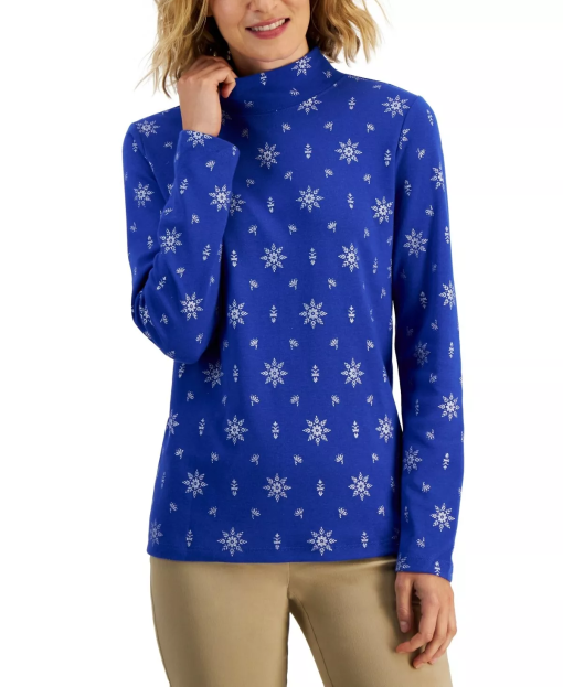 Karen Scott Petite Blue Snowflake Mock Neck Top - Holiday Shirts