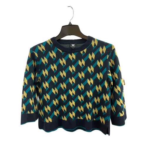 W By Worth Geometric Sweater, Navy/Teal/Yellow, Size S, Women's Top