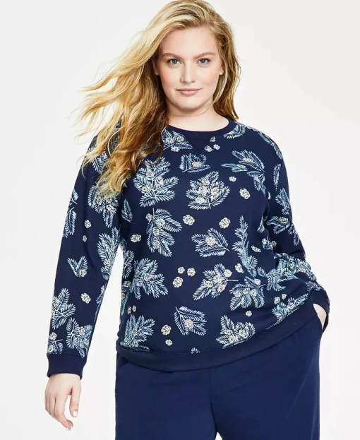 Karen Scott Plus Navy Floral Sweatshirt Plus Size Top