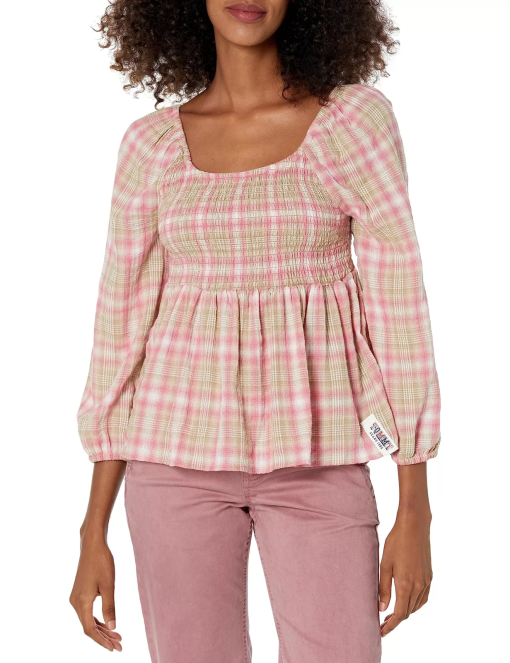 Tommy Jeans Pink Plaid Smocked Top XS - Women's Blouse