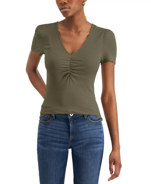 INC Olive Green Ruched Ribbed Top - Women's Size L - Shirts