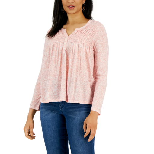 Style & Co Pink Smocked Top Petite L - Women's Blouse