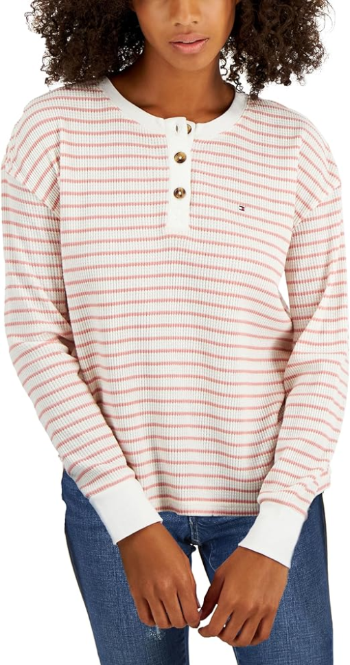 Tommy Hilfiger Striped Henley Top - White/Pink, Size M, Women's Shirts