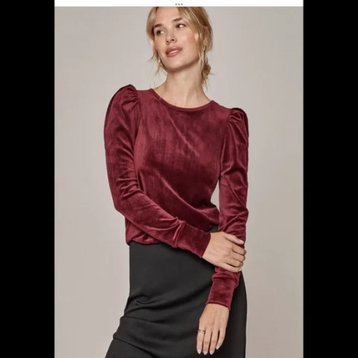 1.STATE Napa Wine Velour Top - Women's Large Blouse - Puff Sleeve