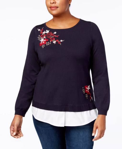 Charter Club Navy Floral Embroidered Sweater - Plus Size Top