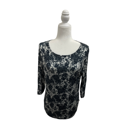 EMALINE Floral Top Small Black & White 3/4 Sleeve Blouse