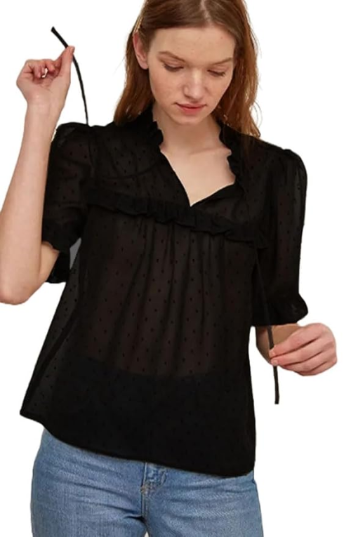 CeCe Black Clip-Dot Blouse XS - Women's Tops & Shirts