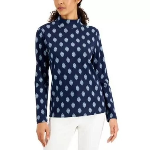 Karen Scott Navy Ikat Mock Neck Top - XL - Women's Shirts