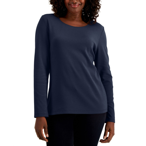 Karen Scott Navy Long Sleeve Top - Women's Small Scoop Neck Shirts