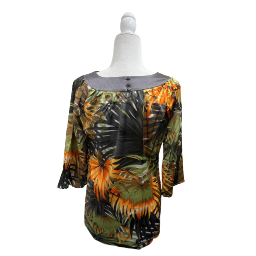 BCBGMAXAZRIA Floral Blouse Small Green Orange Silk Top - Image 2