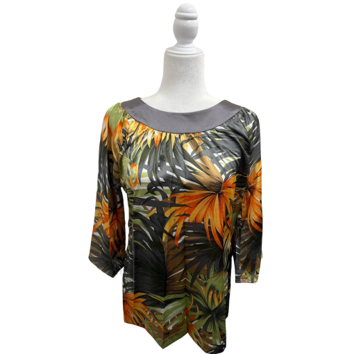 BCBGMAXAZRIA Floral Blouse Small Green Orange Silk Top