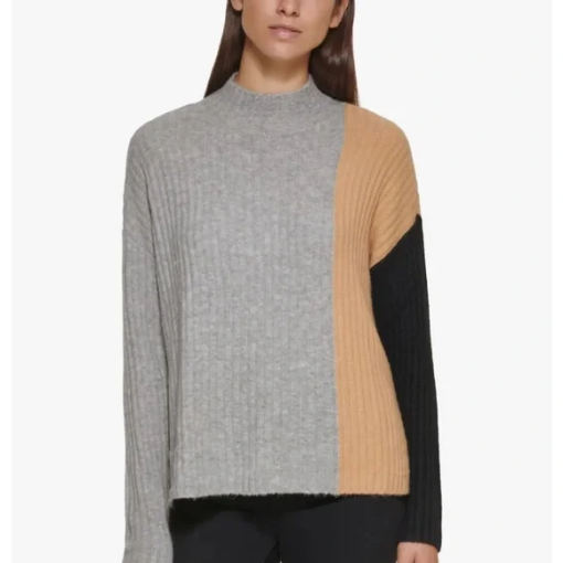 Calvin Klein Colorblock Sweater Gray M Mock Neck Knitwear