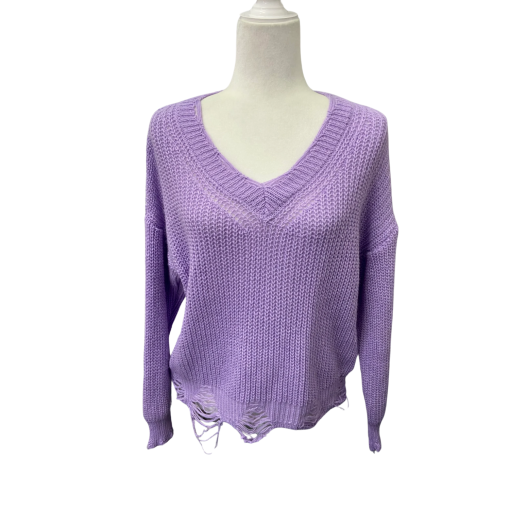 Purple V-Neck Distressed Sweater - Made In Italy - Knitwear