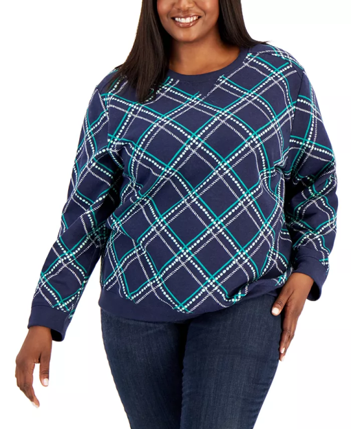 Karen Scott Plus Navy Plaid Sweatshirt - Women's Size Sport Top