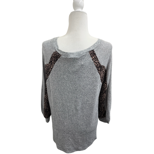 NY Collection Gray Leopard Sleeve Top Plus Size Women's Blouse - Image 2