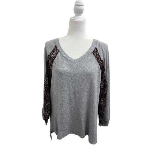 NY Collection Gray Leopard Sleeve Top Plus Size Women's Blouse