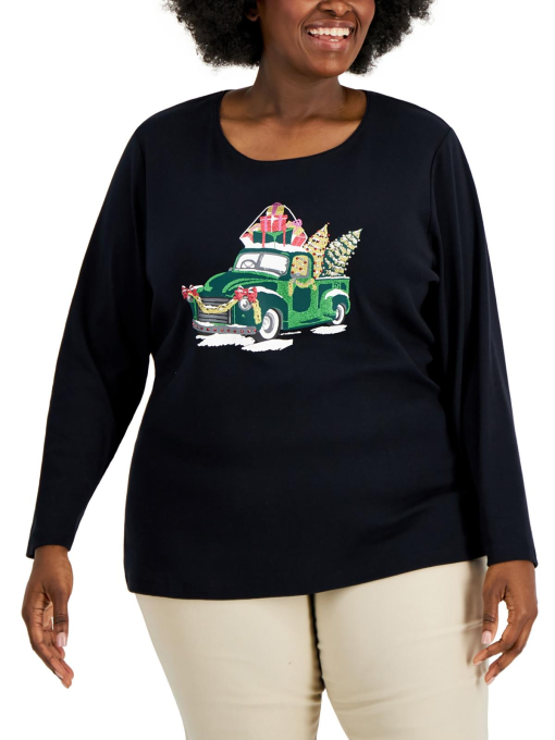 Karen Scott Plus Black Christmas Truck Top 4X - Women's Holiday Shirt