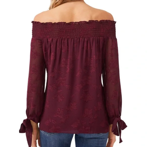 CeCe Burgundy Off-Shoulder Jacquard Blouse - Size M - Women's Tops - Image 2