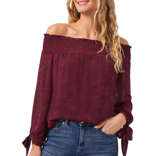 CeCe Burgundy Off-Shoulder Jacquard Blouse - Size M - Women's Tops