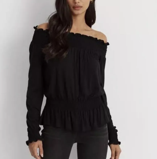 LAUREN RALPH LAUREN Black Off Shoulder Blouse - Plus Size Top