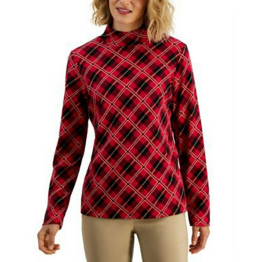 Karen Scott Red Plaid Mockneck Top - Petite - Women's Shirts