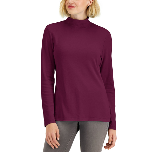 Karen Scott Mock Neck Top - Burgundy Long Sleeve Shirt - Women's