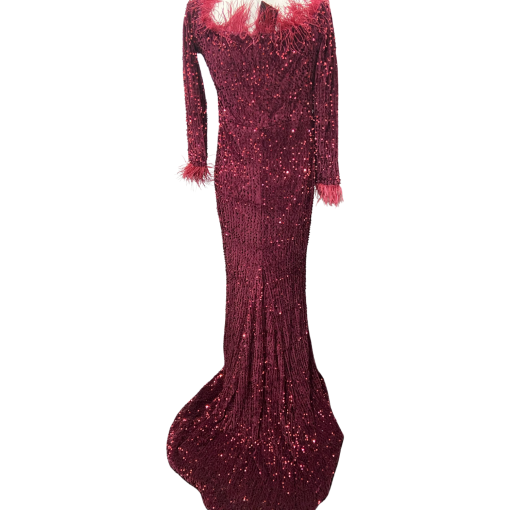 Miss Ord Burgundy Sequin Feather Gown - Size L - Prom Dress - Image 2