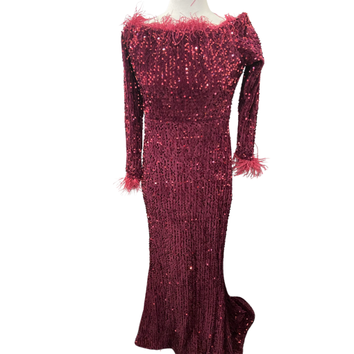 Miss Ord Burgundy Sequin Feather Gown - Size L - Prom Dress