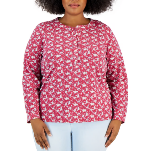 Style & Co Plus Red Floral Henley Top Plus Size Blouse