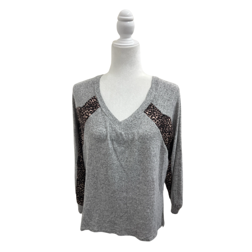 NY Collection Gray Leopard Sleeve Sweater - PM - Women's Top