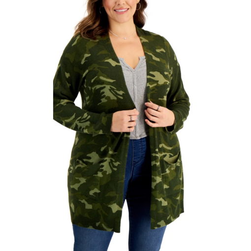 Style & Co Plus Camo Cardigan - Green - 2X - Women's Sweaters