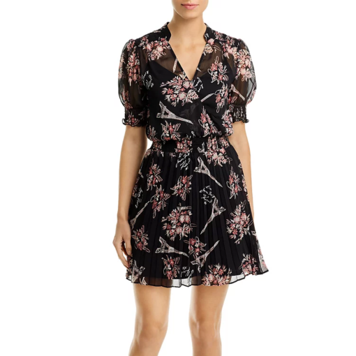 Karl Lagerfeld Paris Black Floral Pleated Dress Size 12 - Mini Dress