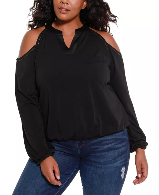 Belldini Black Plus Size Cold Shoulder Blouse - Black 3X - Tops