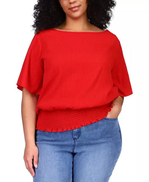 1.STATE Red Smocked Top Plus Size Blouse - Women's Fashion