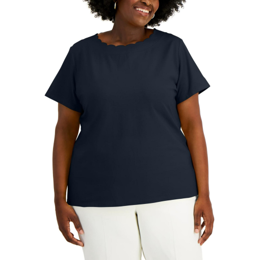 Anne Klein Plus Size Black Scallop Neck Tee - Women's T-Shirt