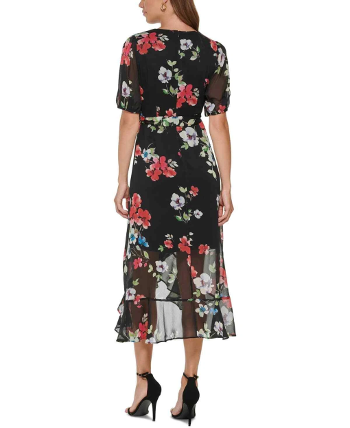 DKNY Women's Black Floral Wrap Dress - Petite Size 6P - Midi Dress