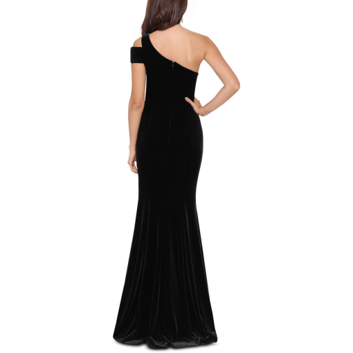 Betsy & Adam Navy Velvet One Shoulder Gown - Formal Dress - Size 4