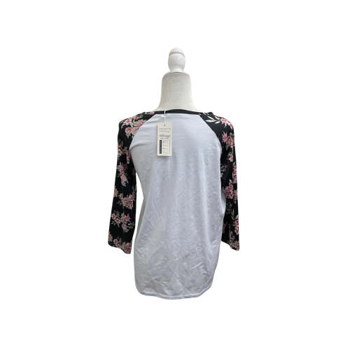 CeCe Floral Sleeve V-Neck Top - White/Black - Size L - Women's Shirt