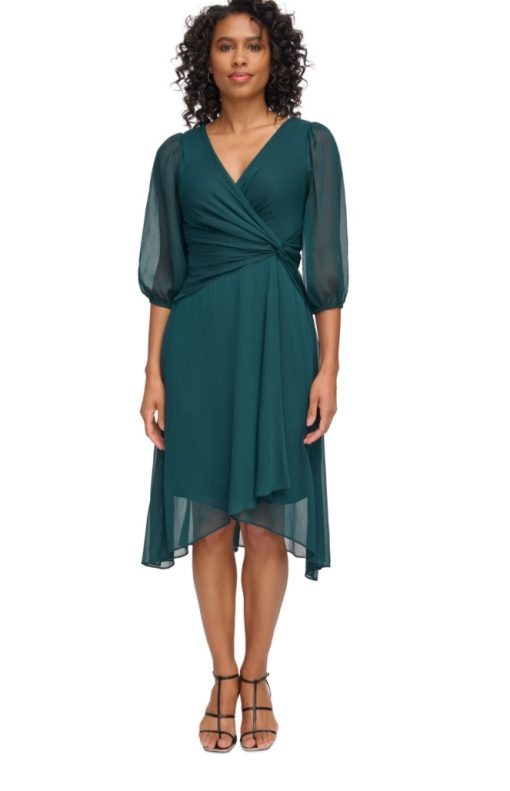 Dkny Women's Knot-Detail Chiffon MIDI Fit & Flare Dress - Pine 2