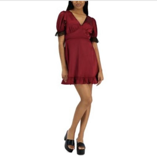 Kit + sky Juniors Womens Satin Lace-Trim Cocktail and Party Dress L red