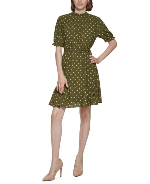 Tommy Hilfiger Womens Green Ruffled Belted Elastic Waist Cuffs Polka Dot Short + Flare Dress 2 - All